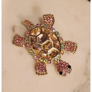 Sparkly Turtle Brooch Pin Pink Gold Rhinestone Animal Jewelry 2" Cute Gift